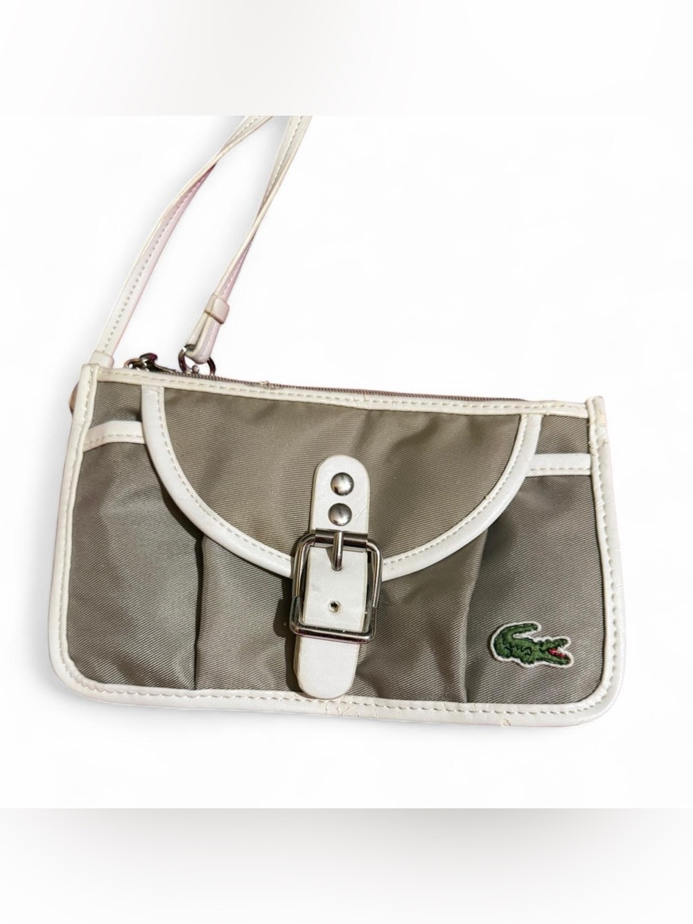 Lacoste Taupe Nylon Wristlet with White Trim and Buckle